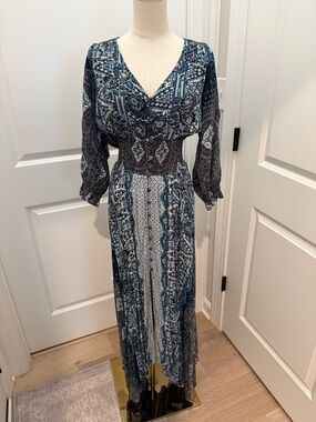 Free People Blue Paisley V-Neck Maxi Dress